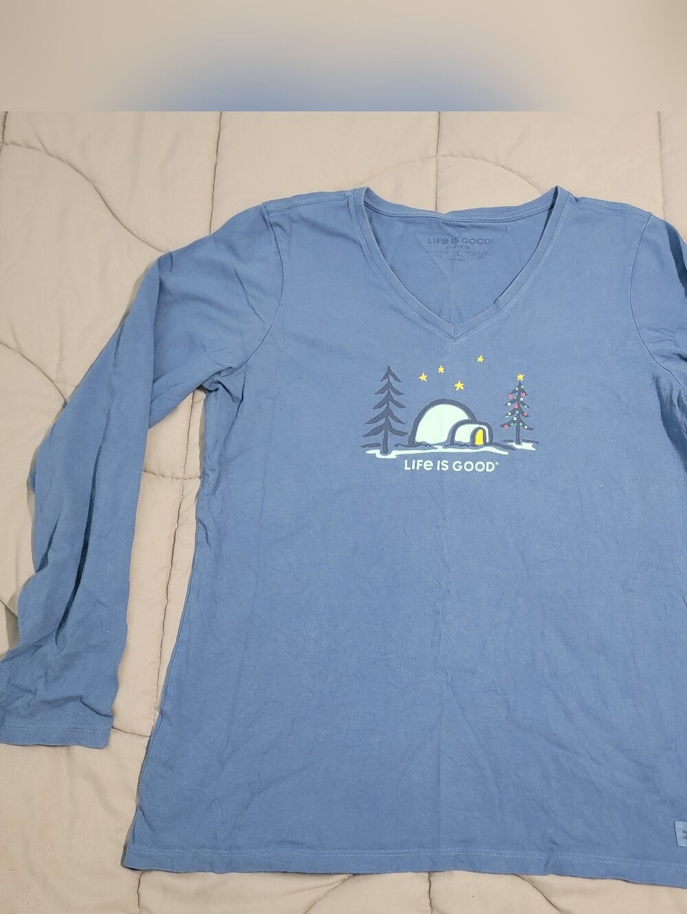 Life is Good Women's Long Sleeve Crusher Vee Vintage Blue T-shirt- Size Large